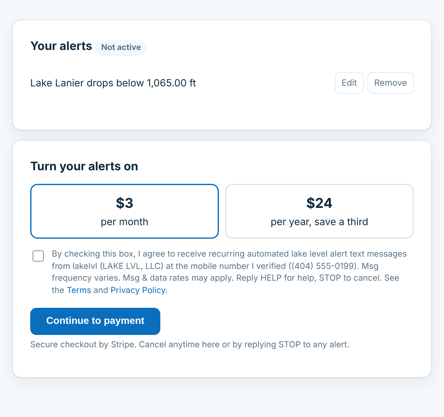 The lakelvl alerts opt in step: plan choice, an unchecked consent box with the full disclosure text, and the Continue to payment button